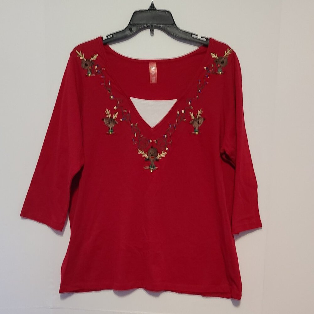 HOLIDAY EDITION?? RED -EMBROIDED/APPLIQUE REINDEER-CHRISTMAS LIGHTS SZ1X/XG(16)